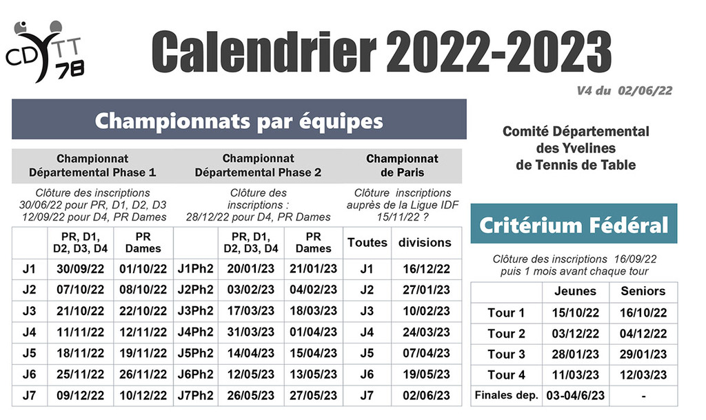 Première version du calendrier 2022/23
